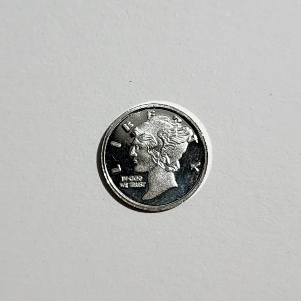 1 Gram .999 Fine Silver Mercury Dime Motif Round