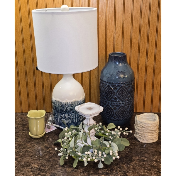 Lamp 21", 3 Vases (Largest 13"), Candle Holder with Greenery