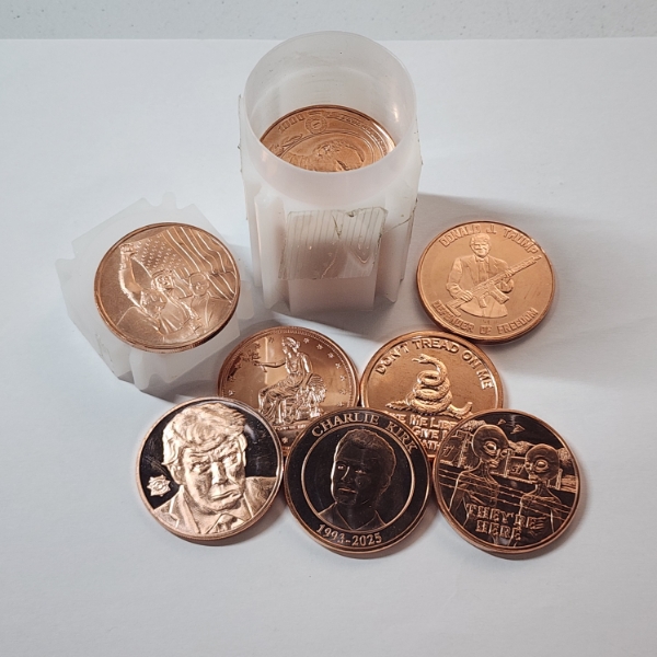 Tube Of (20) 1 ADVP Ounce .999 Fine Copper Rounds With Assorted Motifs