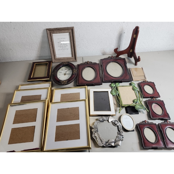 Lot of Assorted Sizes and Shapes Picture Frames and Wall Clock