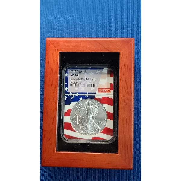NGC 2019 MS 70 Memorial Day Edition One Troy Ounce .999 Fine Silver American Eagle In Wooden Display
