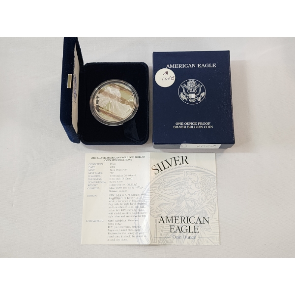 2001-W American Silver Eagle Proof $1 Coin 1 oz .999 Fine Silver w/ OGP Box & COA