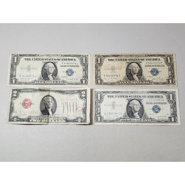 4 U.S. Notes: (3) $1 Silver Certificates: 1935-H, 1935-D, 1957-A & (1) 1928-G $2 Red Seal 
