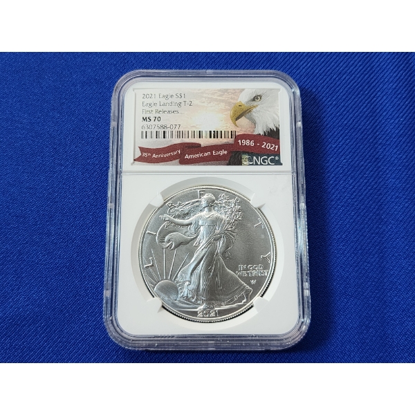 2021 Silver American Eagle NGC MS70 Eagle Landing T-2 First Releases - 1 oz Fine Silver