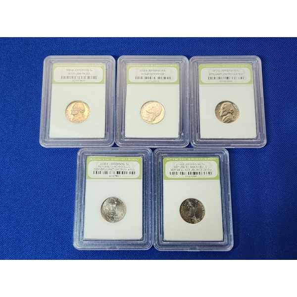 x5 INB Jefferson Nickels Including DCAM Gem Proof, BU, Monticello, Assorted Years