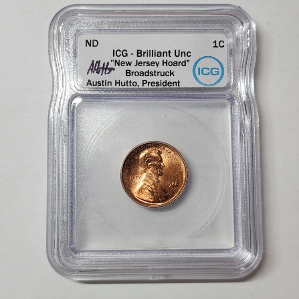 1988 Lincoln Cent - ICG Brilliant Uncirculated  New Jersey Hoard  Broadstruck, Signed Austin Hutto