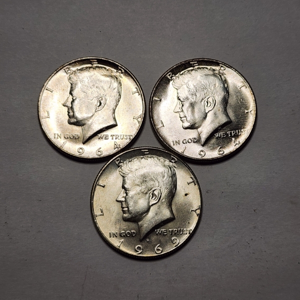 x3 SILVER Kennedy Half Dollars: (2) 90% Silver 1964 & (1) 40% Silver 1969 - FV: $1.50