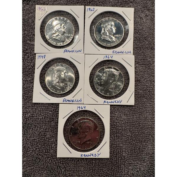 5 - United States Silver Half Dollar - High Grade Coins - $2.50 Face value