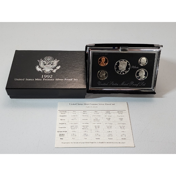 1992 United States Mint Premier Silver Proof Set with Display, Box, & CoA