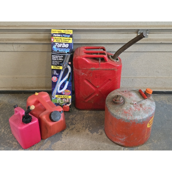 4 Gas Cans and an Cordless Electric Syphon