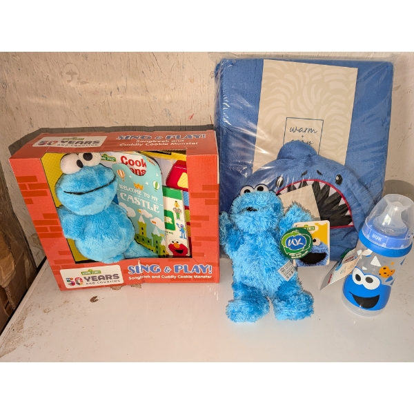 All Brand New, Cookie Monster Sing &Play, Bottle, Small Stuffie,& Hooded Shark Blanket