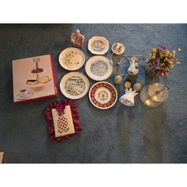 PICKUP IN CANTON - Two 2 Tier Glass Servers, Collector Plates, Flower Arrangement, Lighted Lady Lamp