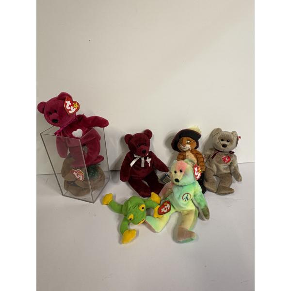 Collection of TY Beanie Babies - 7 Total - Some in Plastic Case - Frog - Puss in Boots - 5 Bears 