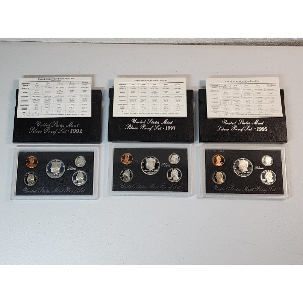 1992, 1997, and 1995 United States Mint Silver Proof Set with Boxes and COA