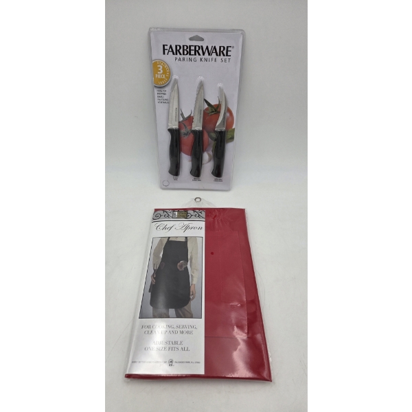 New In Packages, Chefs Apron And Farberware Stainless Steel Pairing Knife Set