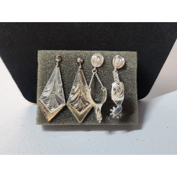 Two Pairs of Earrings: Two-Tone Sterling Silver & 14K Gold Filled Diamond-Shaped/ Cowboy Hat & Spurs