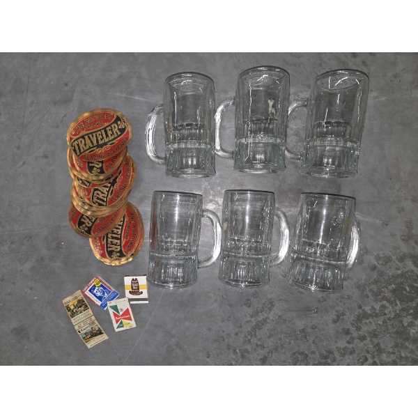 Six Heavy Glass Mugs And Label Collection