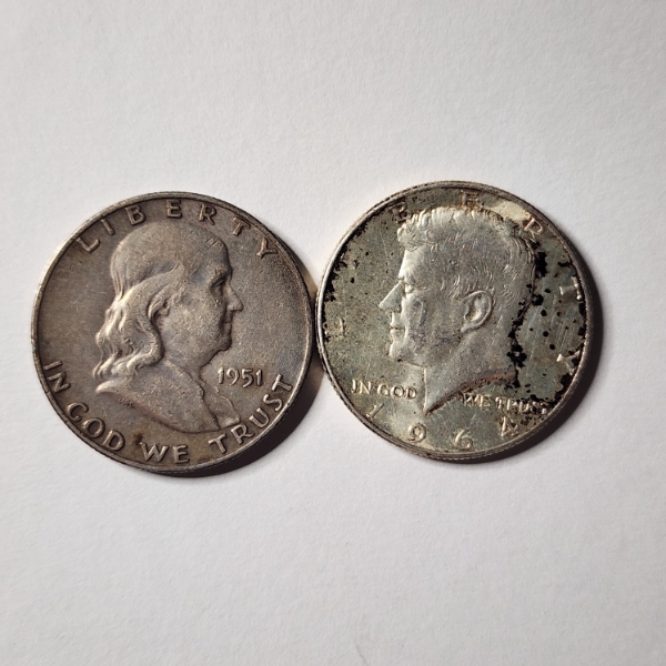 Two 90% Silver United States Half Dollars ~ Franklin & Kennedy ~ $1.00 Face Value