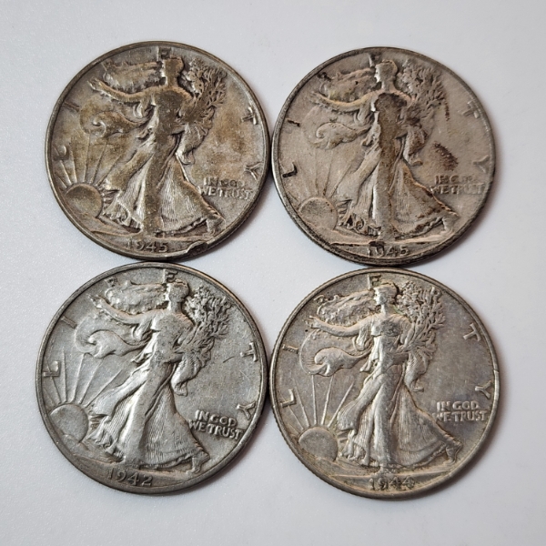 Four Assorted Years United States 90% Silver Walking Liberty Half Dollars - Face Value: $2.00