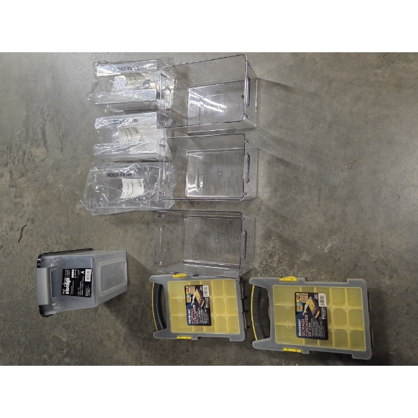 Three New Glove Holder Acrylic Boxes, Three Clear Storage Bins, Two Snap Organizers & 7.5 Quart Cont