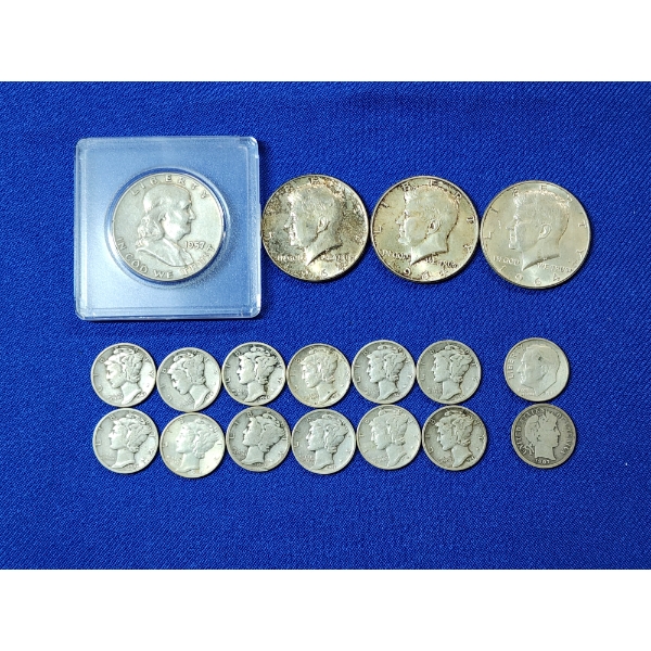 Assorted U.S. Silver Coins Including Franklin & Kennedy 1/2's, Barber Dime, Mercury Dimes FV: $3.40 