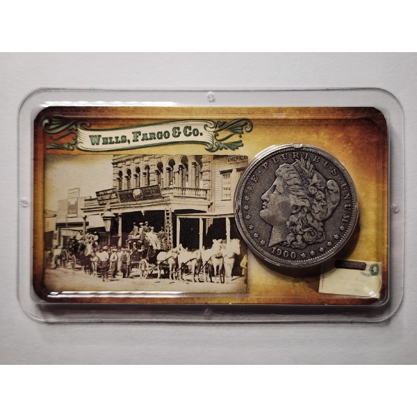 1900-O United Stated Morgan 90% Silver Dollar with Wells, Fargo & Co Information Display