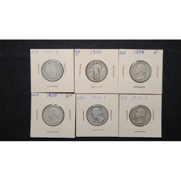 Assorted Years/Mint Marks Barber, Standing Liberty & Washington 90% Silver Quarters - FV: $1.50
