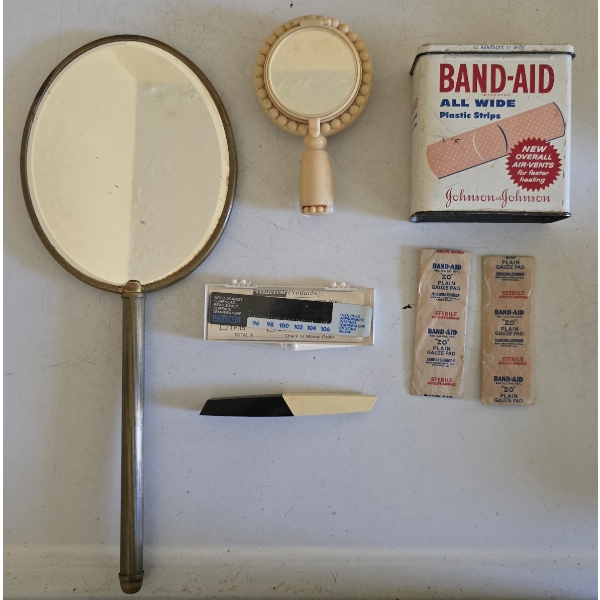 Vintage Mirror, Blush/Powder Travel Mirror, Band-Aid Tin w/ 2 Band-Aids and More