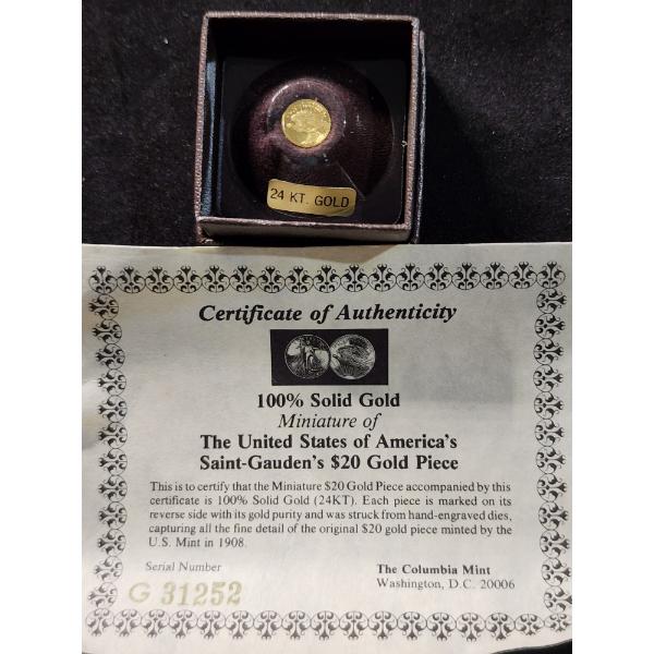 24KT Solid Gold MINIATURE of the United States 1908 $20 Gold Saint-Gauden's Coin from Columbia Mint