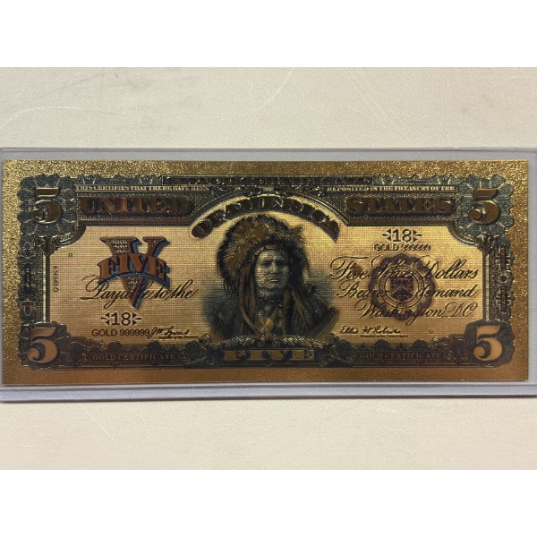 Indian Chief $5.00 Gold Foil .999999 - 24K Gold Note In Protective Holder - Mint Condition