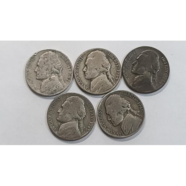 Assorted Years/Mint Marks Wartime 35% Silver Jefferson Nickels - Face Value: $0.25