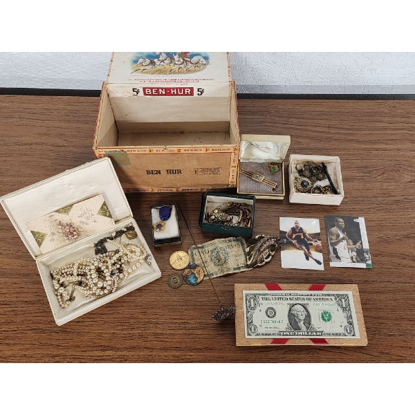 Assorted Collectibles in Vintage Cigar Box - Including Costume Jewelry, Sports Cards, Tokens, & More