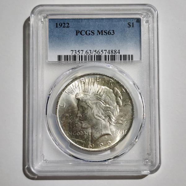 PCGS MS63 Graded United States 90% Silver 1922 Peace Dollar