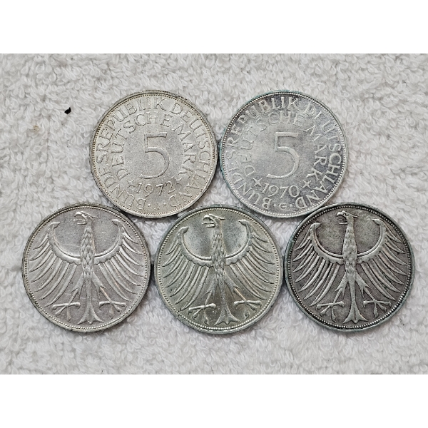 Assortment of 5 West German 5 Deutsche Mark Silver Coins ~ ABOUT 1.1 Oz OZ OF ACTUAL SILVER WEIGHT