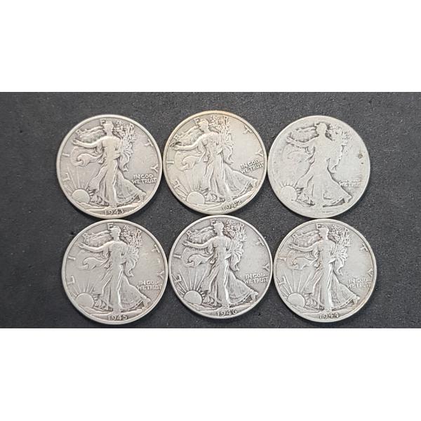 (6) Assorted Years/Mint Marks U.S 90% Silver Walking Liberty Half Dollars - Face Value: $3.00