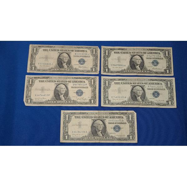 (5) Assorted Series $1 Silver Certificates - Series: 1957, 1935 F, 1935 D, 1957 B - Face Value: $5