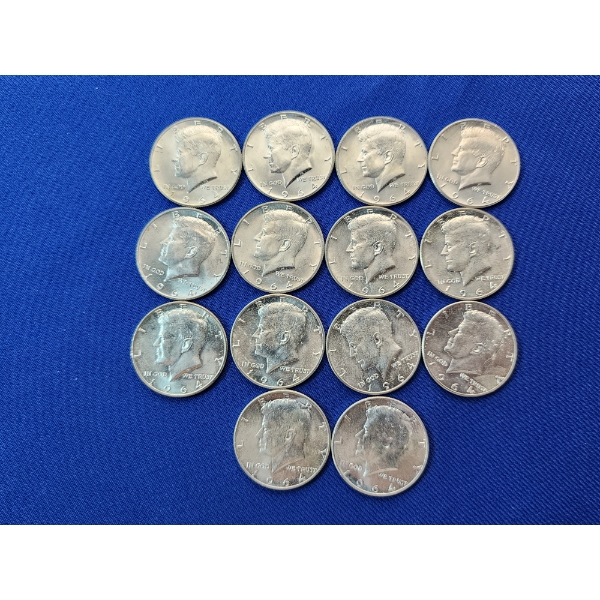x14 1964 Kennedy Half Dollars - 90% Silver FV: $7.00