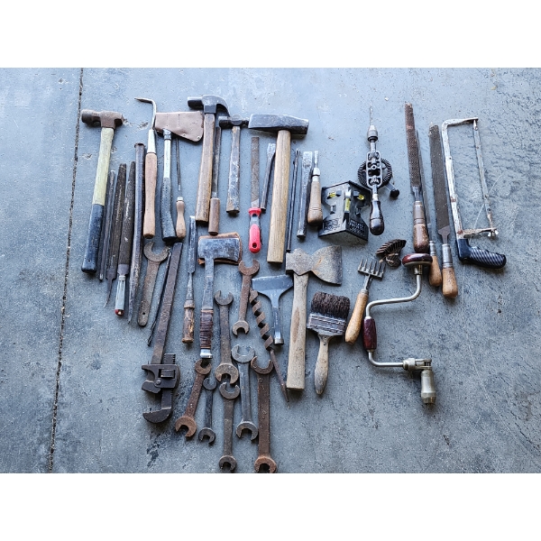 Lot of Assorted Vintage Tools: Wrenches, Saw, Axes, Chisels, and More!