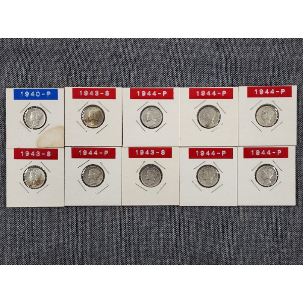 Ten Assorted Silver Mercury Dimes in Great Condition in Sleeves - $1.00 Face Value
