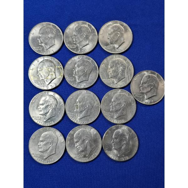 Lot of (13) Eisenhower Dollars Including (6) Bicentennial, (4) 1971, (2) 1972, (1) 1977 FV; $13.00