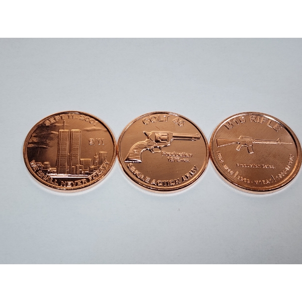 3 - 1 AVDP Ounce .999 Fine Copper Rounds: 9/11, Colt 45, & M16 Rifle Designs (3 oz Total) Mint Cond.