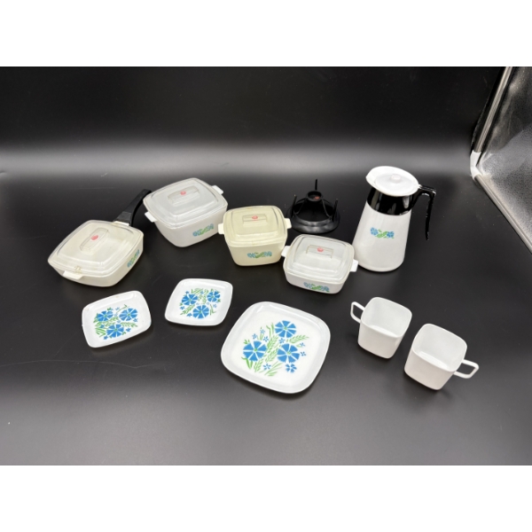 Plastic Corning Ware Dishware Toy Set - 3 Plates - Pots - Pans - Coffee Pot with Burner - Cups 