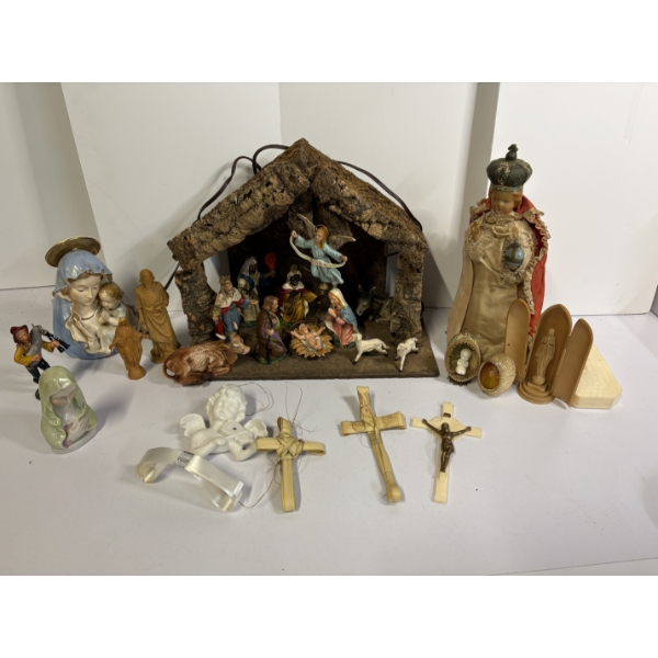 Nativity Scene with Miscellaneous Religious Items - Palm Crosses - Mary & Mary with Jesus