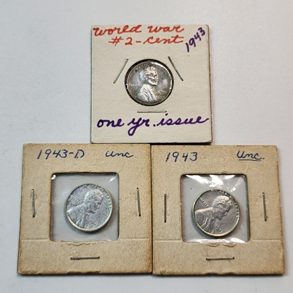 Three 1943 United States Steel Cents in Protective Flips