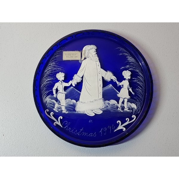 Vintage Collectible Mary Gregory Hand-Painted Enamel "Christmas 1974" Blue Glass Plate