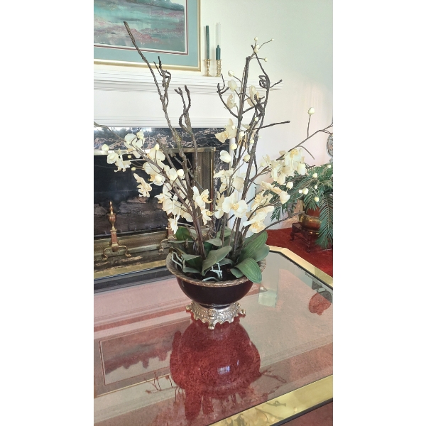 Antique Brass Mounted Porcelain Plant Stand & Beautiful Floral Display 29" Tall Overall Stand 14x15