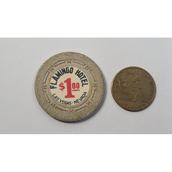 Vintage Flamingo Casino Las Vegas $1 Poker Chip & Vintage Brass Novelty Flip Token