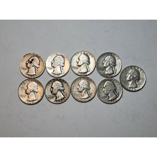Lot of 9 Assorted Years Silver Washington Quarters FV: $2.25