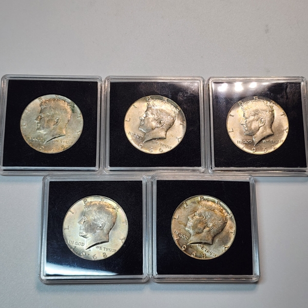 5 United States Assorted Years 40% Silver Kennedy Half Dollars - FV: $2.50