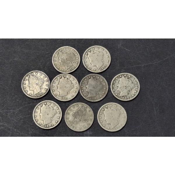 US VINTAGE COINS - V NICKELS - ASSORTED 9 LIBERTY V - NICKELS - SEE PICS